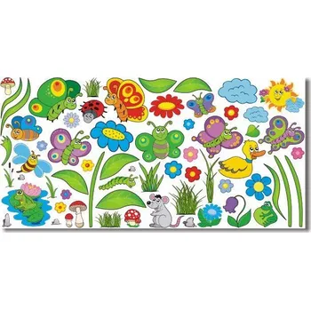 Samolepící dekorace Veselá louka zvířátka samolepka na zeď - XXXL