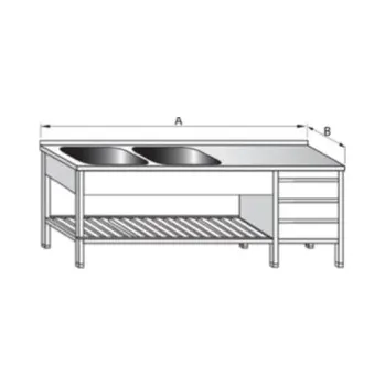 Dílenský stůl PMN - Výroba nerezového zařízení s.r.o. Mycí stůl dvoudřezový s roštovou policí a šuplíkovým boxem 1900 x 600 x 900 mm (dřez 2x 400 x 400 x 250 mm)