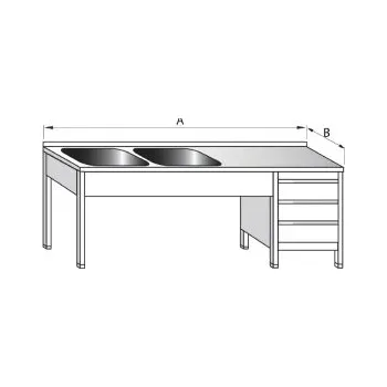Dílenský stůl PMN - Výroba nerezového zařízení s.r.o. Nerezový mycí stůl dvoudřezový se šuplíkovým boxem 1800 x 700 x 900 mm (dřez 2x 500 x 500 x 300 mm)