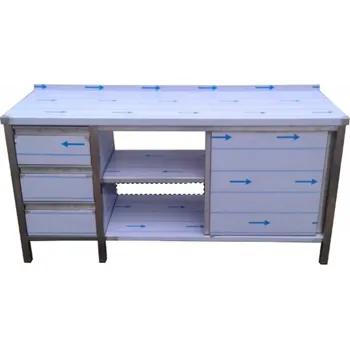 Dílenský stůl PMN - Výroba nerezového zařízení s.r.o. Pracovní stůl oplechovaný s šuplíkovým boxem, policemi a posuvnými dvířky 1600 x 700 x 900 mm