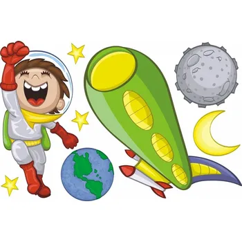 Samolepící dekorace Kosmonaut a vesmírná raketa samolepka na zeď - S