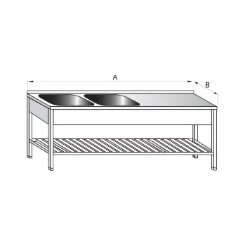 Dílenský stůl PMN - Výroba nerezového zařízení s.r.o. Nerezový mycí stůl dvoudřezový s roštovou policí 1400 x 700 x 900 mm (dřez 2x 500 x 500 x 300 mm)