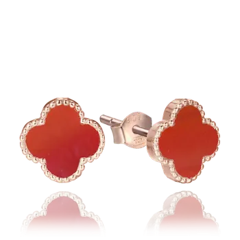 Náušnice 1365 MINET Rose gold stříbrné náušnice čtyřlístky s červeným achátem
