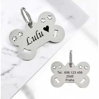 psí známka Ocelová psí známka Kost s tlapičkami a kostičkami stříbrná