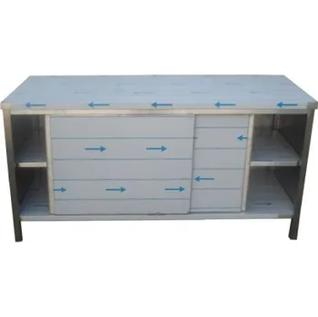 Dílenský stůl PMN - Výroba nerezového zařízení s.r.o. Nerezový stůl oplechovaný s posuvnými dvířky a policemi 1400 x 800 x 900 mm