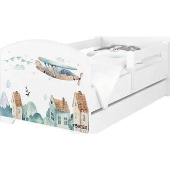 Dětská postel Dětská postel Oskar Letadla 180x80 cm - Bílá - 2x krátká zábrana se šuplíkem