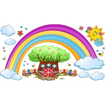 Samolepící dekorace Duha, sluníčko, strom samolepka na zeď - XL