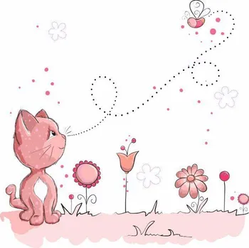 Samolepící dekorace Kočička a motýlek samolepka na zeď - M