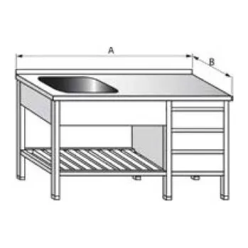 Dílenský stůl PMN - Výroba nerezového zařízení s.r.o. Nerezový mycí stůl s dřezem, roštovou policí a zásuvkovým boxem 1400 x 700 x 900 mm, dřez 400 x 400 x 250 mm