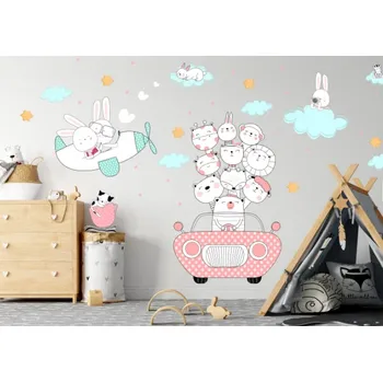 Samolepící dekorace Samolepka na zeď Zvířátka v autíčku, vrtulník a mráčky - M