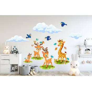 Samolepící dekorace Srnky, žirafka a ptáčci - M