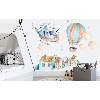 Samolepící dekorace Samolepka na zeď Vrtulník, balón a městečko - M
