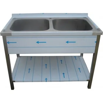 Nerezový dřez PMN - Výroba nerezového zařízení s.r.o. Nerezový dvoudřez lisovaný s policí 1100 x 700 x 900 mm (dřez 2x 400 x 500 x 250 mm) + ZDARMA sifon dvoudřezový