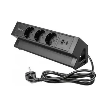 Elektrická zásuvka GTV Nábytková zásuvka Basco, 3 x zásuvka Schuko, USB A+C, kabel 1,5 m, černá s montáží