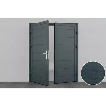 Garážová vrata Dvoukřídlé garážové dveře na míru, antracit RAL 7016, Woodgrain, M-line, středová drážka Šířka a Výška, mm: 1800x2000, Směr otevření:: Ven, Způsob otevření (Aktivní křídlo):: Aktivní křídlo vlevo