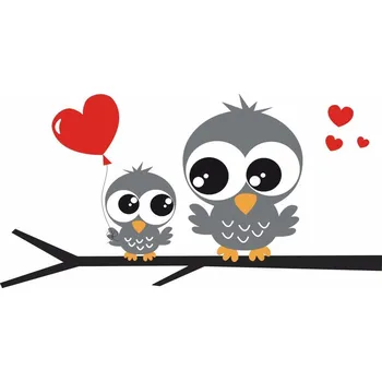 Samolepící dekorace 2 zamilované sovy na větvi šedé samolepka na zeď - M