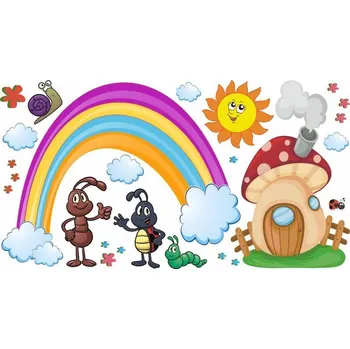 Samolepící dekorace Duha, sluníčko, hříbek samolepka na zeď - XL