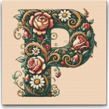 Diamantové malování Diamantové malování - Písmeno P - Květinový vzor Velikost: 50x50cm, Rámování: Pouze srolované plátno, Diamanty: Kulaté