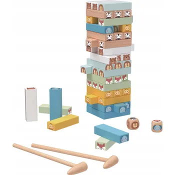 Dřevěná hračka DŘEVĚNÁ DOVEDNOSTNÍ HRA PADACÍ VĚŽ STAVEBNICE DOMINO MONTESSORI WOOPIE