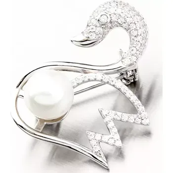 Brož Dámský přívěsek stříbro 925 zirkon brož labuť s perla a PKL-6012