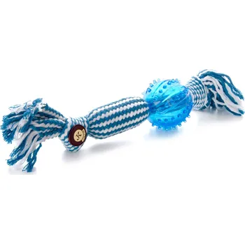 Hračka pro psa JK ANIMALS hračka pro psy – bavlněné pískací přetahovadlo s TPR míčem, velikost 33 cm, modrý