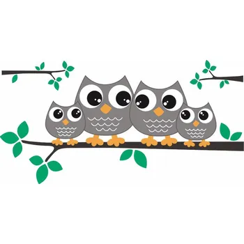Samolepící dekorace Sovy na větvi šedé samolepka na zeď - S