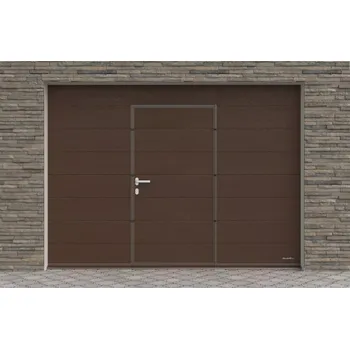 Garážová vrata DoorHan Sekční garážová vrata s dveřmi, barva Hnědá RAL 8014, Woodgrain, Středová drážka Šířka stavebního otvoru&nbsp;(mm): 3250, Výška stavebního otvoru&nbsp;(mm): 2470