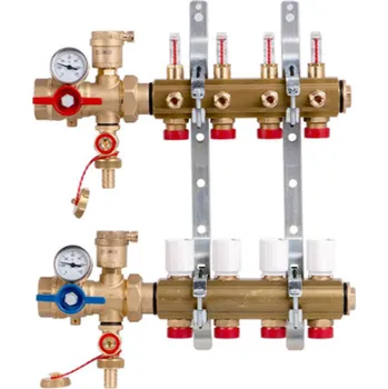 rozdělovač topení Rozdělovač kompletní 1"x18/7 s kulovými kohouty s teploměry, vypouštěním a odvzdušněním, nízký držák