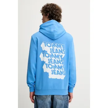 Pánská mikina Bavlněná mikina Tommy Jeans pánská, modrá barva, s kapucí, s potiskem, DM0DM21625 55X, vel. S