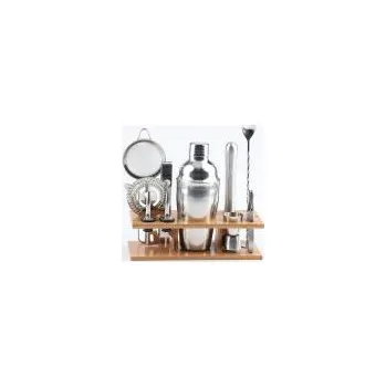 Sada na koktejly 11 v 1 z nerezové oceli s dřevěným držákem, objem: 350 ml