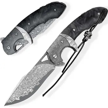 kapesní nůž Damaškový zavírací nůž Dellinger Auslöser VG-10 Carbon, s pouzdrem