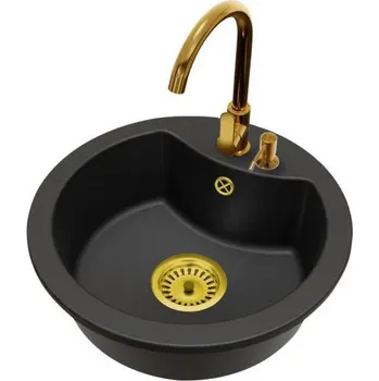 Kuchyňský dřez Granitový dřez MILA černý + baterie DECO zlatá + zlatý sifon 49 x 49 x 17 cm