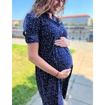 Těhotenské šaty Mama L'amour Těhotenské a kojící šaty 3v1 Felpa tmavě modré s drobnými kvítky Velikost: L