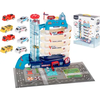 autodráha Garáž 5 pater elektrický výtah + rohož + 8 aut