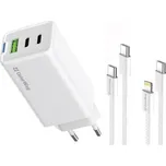 COLORWAY 2x USB-C, 1x USB-A/ síťová nabíječka/ GaN/ PD/ PPS/ 65W/ Včetně 2x kabelů, USB-C-USB-C, USB-C-Lightning/ Bílá