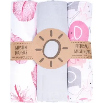 látková plena Mušelínové plenky 3ks + žínka zdarma, bílá/růžová/šedá - sloníci/pírka