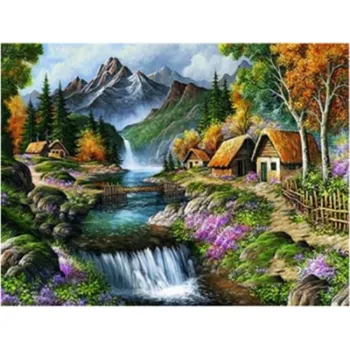 Diamantové malování Diamantový obrázek - Chaty u horské řeky - 30 x 40 cm - 1007419