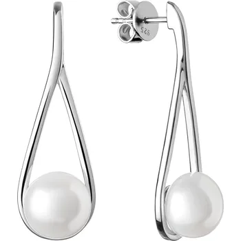 Náušnice ANNA PERLY Moderní dámské visací náušnice z rhodiovaného stříbra s pravou bílou sladkovodní perlou