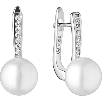 Náušnice ANNA PERLY Elegantní dámské visací náušnice z rhodiovaného stříbra s pravou bílou perlou a zirkony
