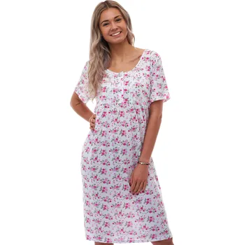 Dámská noční košile Noční košilka s růžovým květinovým motivem a zapínáním u krku 1XL-4XL 1C4035 bílá 3xl