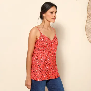 Dámské tričko Top s výstřihem do V a úzkými ramínky, potisk listů korálová/nám.modrá 48