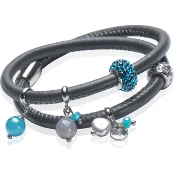 Náramek ANNA PERLY Moderní dvouřadý černý kožený trendy náramek s pravou perlou, zirkony a ocelovými prvky