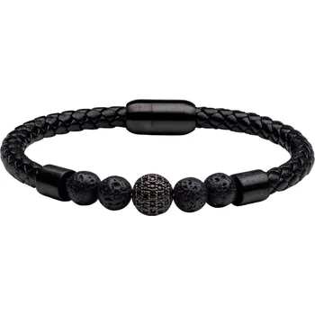 Náramek ANNA PERLY Noblesní pánský náramek z černé kůže s lávovými kuličkami, Swarovski krystalem a černou kuličkou z oceli
