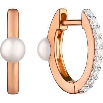 Náušnice ANNA PERLY Exkluzivní náušnice z růžově pozlaceného stříbra se sladkovodní bílou perlou a zirkony