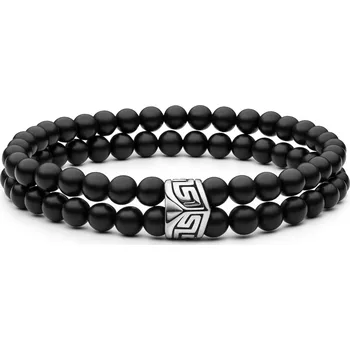 Náramek ANNA PERLY Módní pánský dvouřadý náramek z onyxu s ocelovým kroužkem černá 210 mm