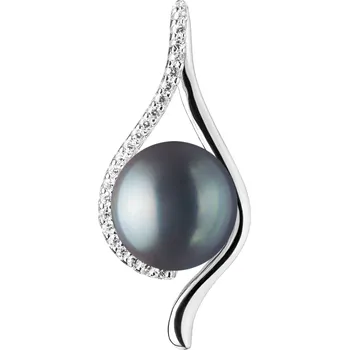 Přívěsek ANNA PERLY Elegantní stříbrný přívěsek se sladkovodní černou perlou a zirkony ve tvaru kapky