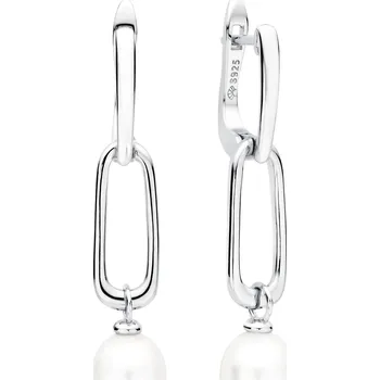 Náušnice ANNA PERLY Atraktivní dámské stříbrné visací náušnice s pravou bílou sladkovodní perlou