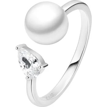 Prsten ANNA PERLY Stříbrný otevřený designový prsten s pravou bílou perlou a zirkonem Velikost prstenu: 57, Barva perly: bílá