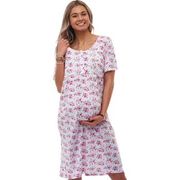 Dámská noční košile Těhotenská a kojicí noční košilka s růžovým květinovým vzorem a knoflíčky 1XL-4XL 1C4035 bílá 1xl