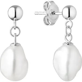 Náušnice ANNA PERLY Dámské visací stříbrné náušnice s puzetkovým zapínámí s řetízkem a atraktivní bílou Keshi perlou
